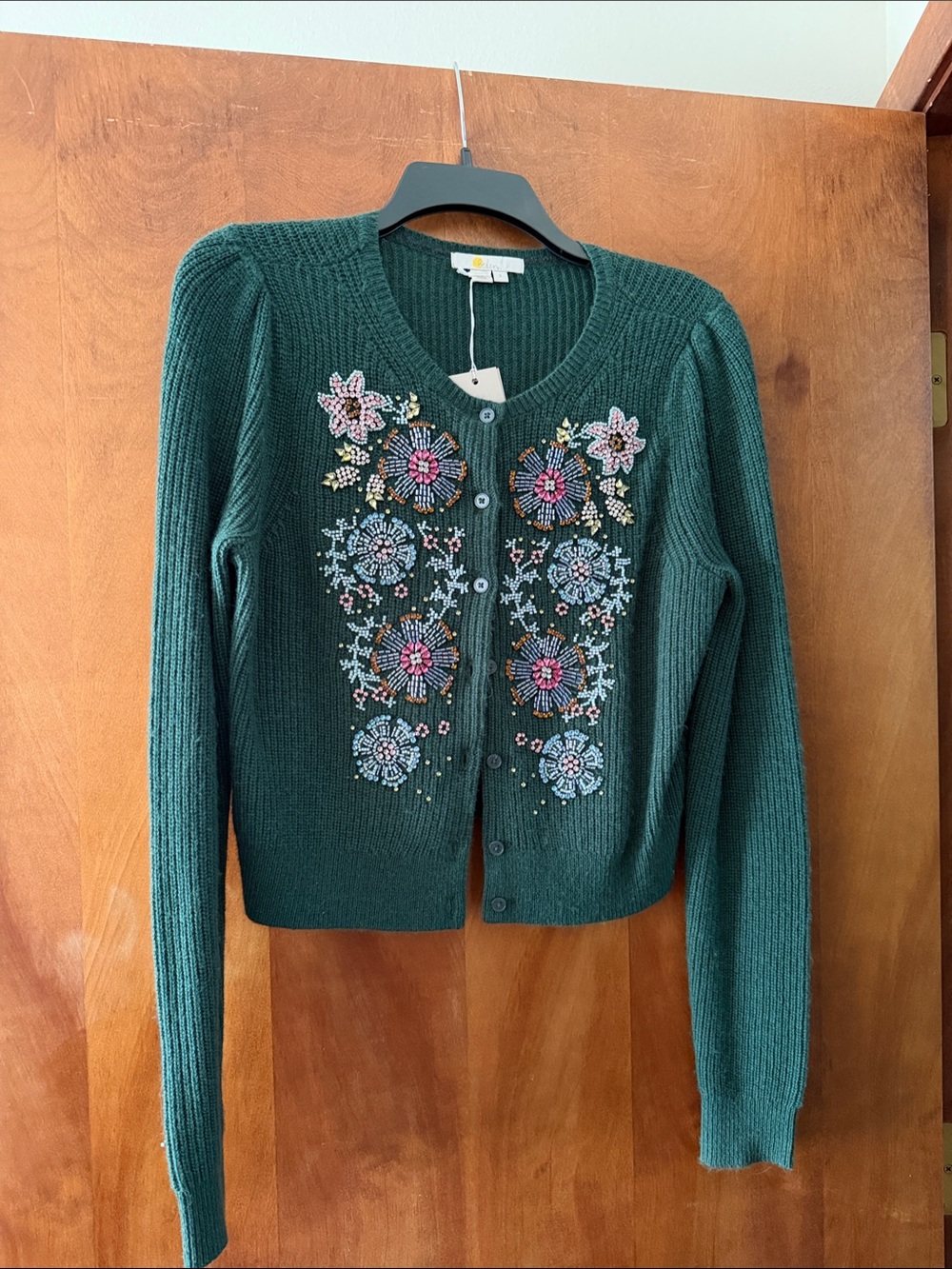 Boden Forest Green Floral beaded Cardigan